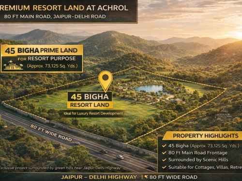 45 bigha hill view resort land near Achrol Bag Jaipur Delhi Road with 80 ft road access surrounded by Aravalli hills