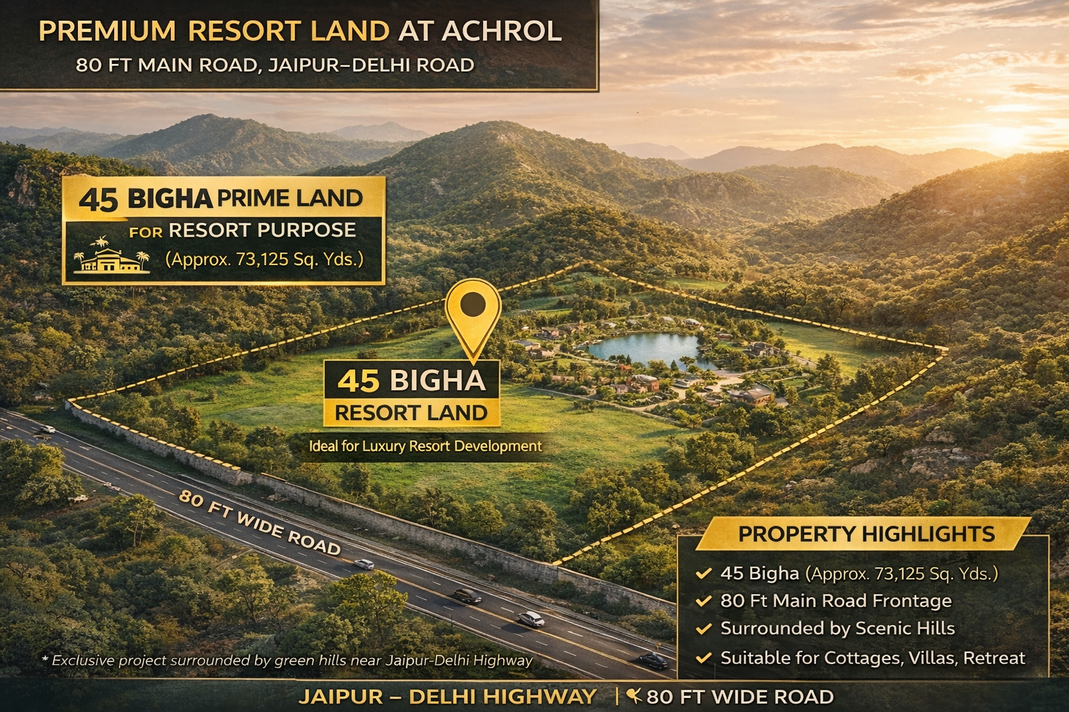 28 Acres Bigha Resort Land for Sale Near Achrol Bag Jaipur Delhi Road | Hill View Property