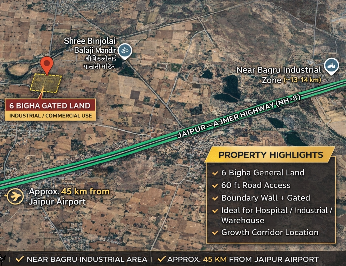 6 bigha gated commercial industrial land for sale in Gadota Jaipur Ajmer Road near Bagru industrial area Rajasthan