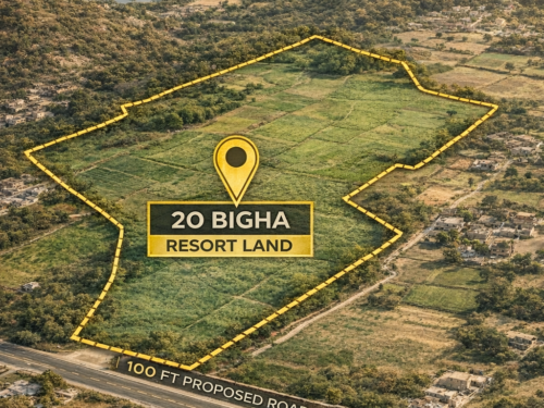 20 bigha resort land near Kukas Jaipur Delhi Road on 100 ft proposed road 7 km from highway surrounded by hills