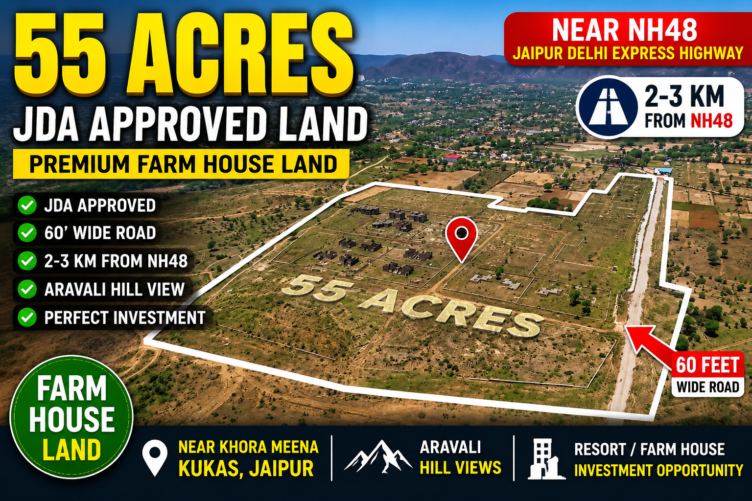 55 Acre JDA Approved Farmhouse & Resort Land Opportunity – Jaipur Region