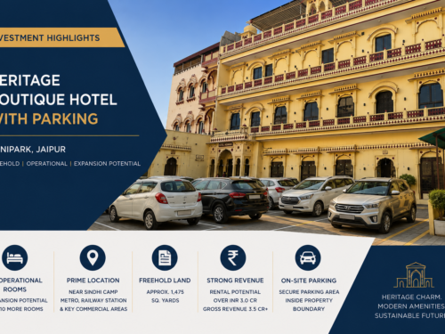Heritage boutique hotel with parking area in Bani Park Jaipur featuring Rajputana architecture and operational hospitality infrastructure