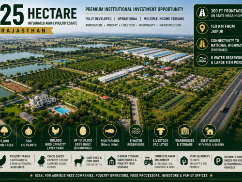 125 hectare integrated agricultural estate in Rajasthan featuring poultry farms, lemon plantation, fish farming, guest houses, warehouses and 300 feet mega highway frontage.