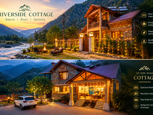 Tirthan Valley riverfront cottage hospitality property with 12 cottages